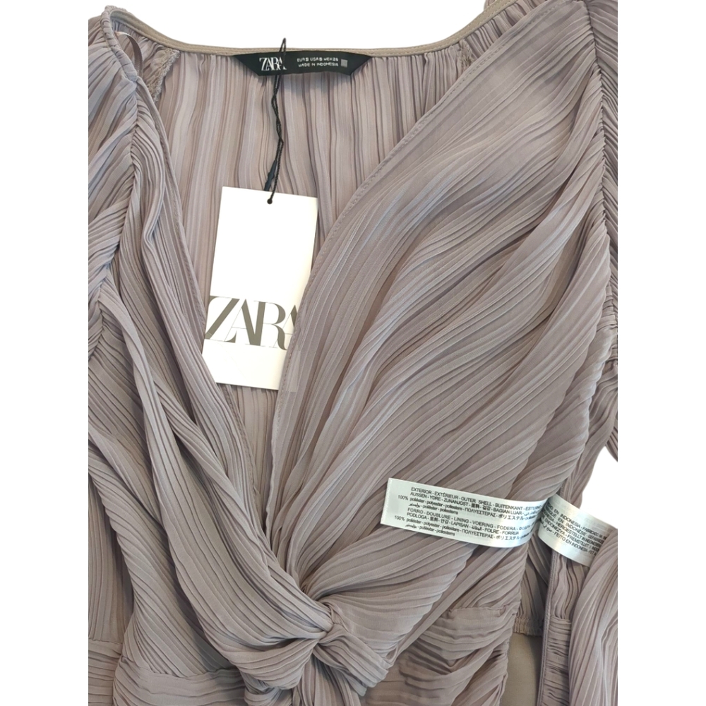 ZARA Taupe Silky New w/Tags Crop Knotted Pleated Blouse Top S - Picture 6 of 6